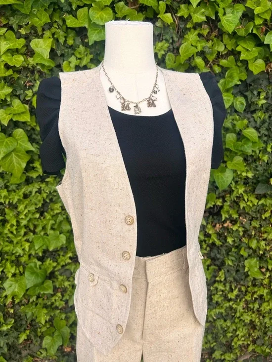 Vintage 70s Pantsuit High Waist Wide Leg Flared Cotton Textured Cream Neutral - Picture 4 of 12